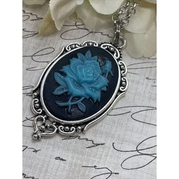 Cameo Necklace Turquoise Rose Wedding Jewelry Black Gothic Anniversary Easter - Picture 9 of 13